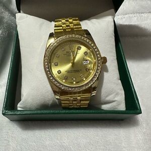 Gold with White Rhinestones Unisex Watch